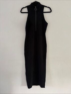 Trouve Black Sleeveless Mock-Neck Zip-Front Maxi Dress